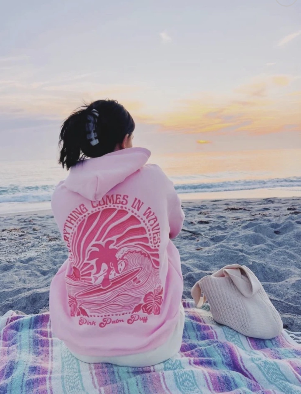 "Everything Comes in Waves" Hoodie in Pink