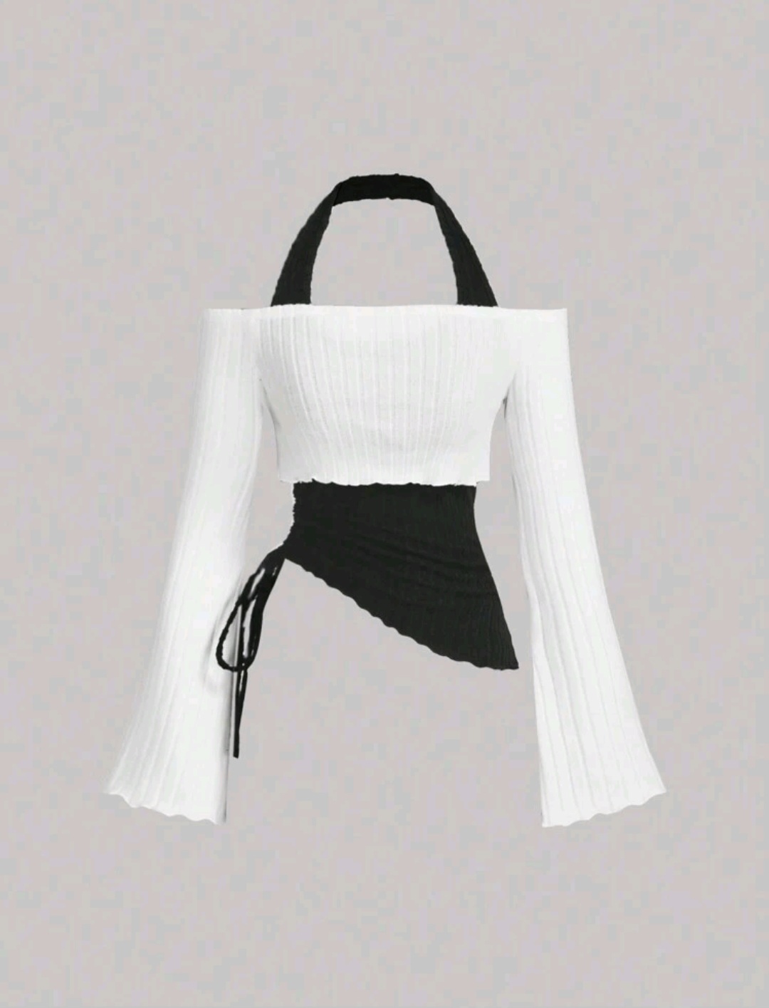 1pc Off-Shoulder Neck Tie Waist Asymmetric Hem Flared Sleeve 2 In 1 T-Shirt