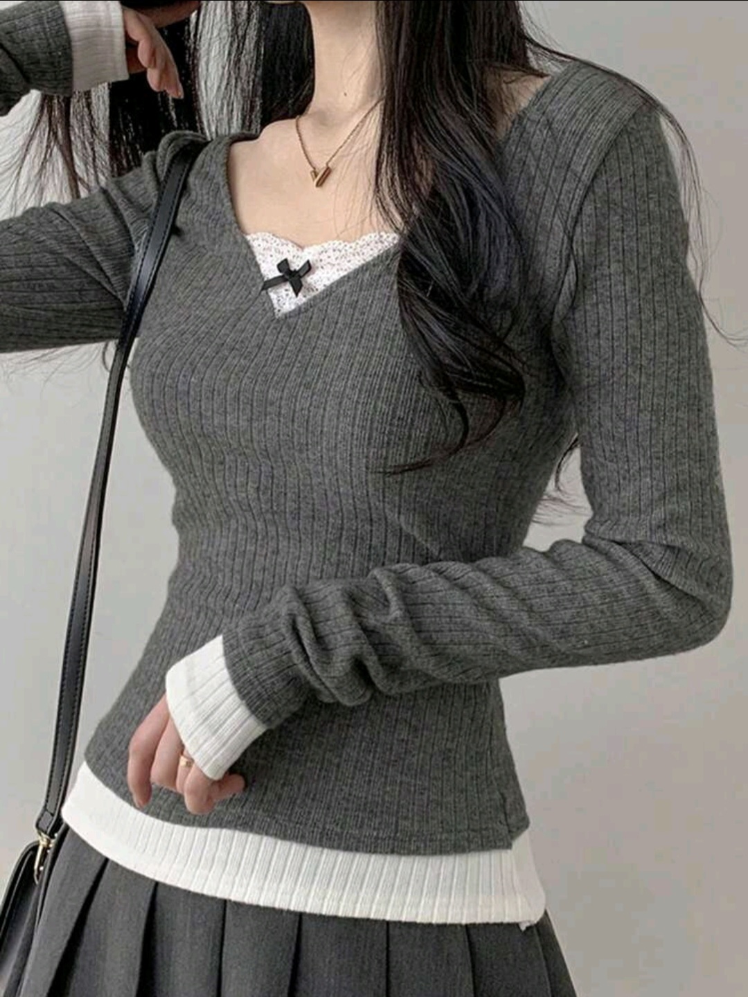 Women's V-Neck Lace Bow Splice Colorblock Long Sleeve Gentle Style Girlfriend Tee Going Out Top